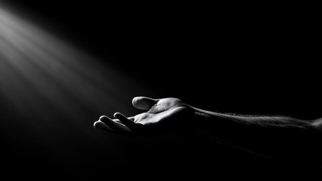 Open male hand reaching into dramatic moving ray of light on dark background, concept for hope and prayer
