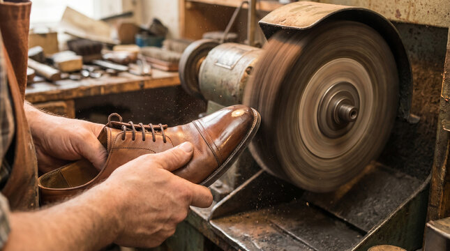 Shoemaker Polishing Leather Shoe on Buffing Machine in Workshop