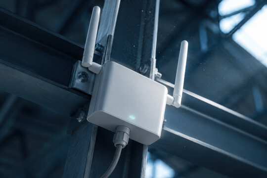 Wireless sensor mounted on steel beam in industrial setting with blue lighting and modern technology design