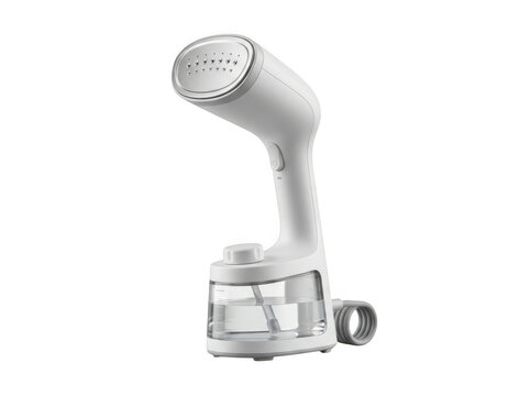 A white handheld garment steamer with a transparent water tank, featuring a metallic steam head with multiple holes, isolated on black background isolated on a transparent background