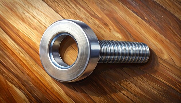 Close up of a stainless steel hex bolt on wood.