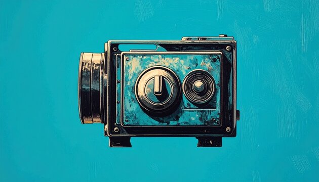 Vintage Twin Lens Camera on Turquoise Background.