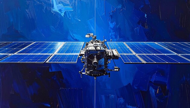 Satellite orbiting Earth in deep blue space background.