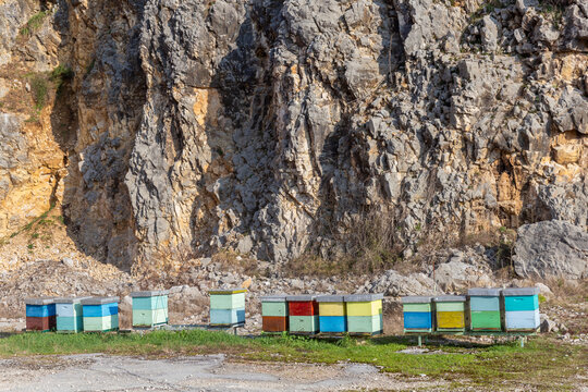 Row of  wooden colourful  bee hives in front of  steep mountain cliff, apiary concept.