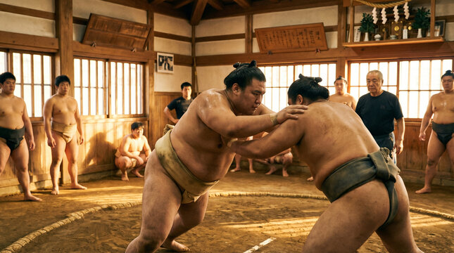 Sumo Wrestlers Grappling in Traditional Ring with Spectators Watching