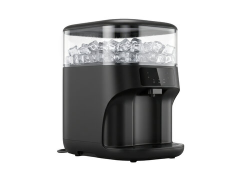 A black ice maker machine with a transparent upper container filled with square ice cubes and a digital control panel on a white background isolated on a transparent background
