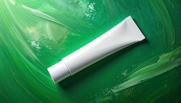 White Toothpaste Tube on Green Textured Background.