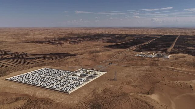 Aerial View of Utility-Scale Solar Farm with Battery Energy Storage System in Arid Desert