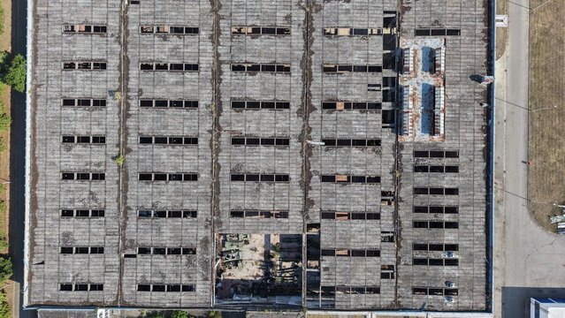 Aerial view of the weathered roof of an industrial building in the Severna Zona industrial area in Pancevo, Serbia.