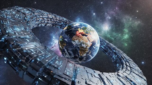 Futuristic spaceship with ring structure traveling through hyperspace with glowing trails and nebulae in deep space