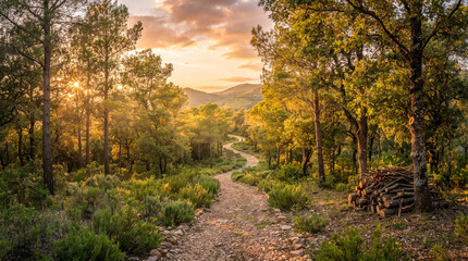 Fototapeta premium Bosque mediterráneo limpio y cuidado después de trabajos forestales, mostrando prevención de incendios, conservación, seguridad y gestión sostenible.