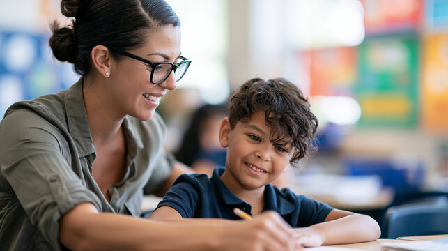 Side view of a teacher kneeling beside a young student's desk explaining a math problem, warm encouraging expression, bright elementary classroom with colorful learning posters blu