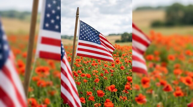 American flags displayed in a field of red poppies to honor fallen soldiers on veterans day