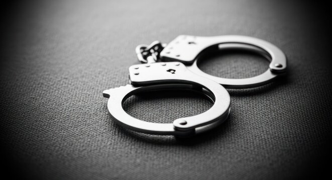 Closeup of Metal Handcuffs on a Dark Textured Surface.