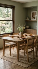 Fototapeta premium Cozy Dining Room with Wooden Table and Chairs Natural Light.