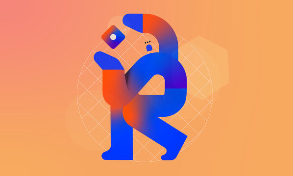 Abstract Technology Illustration of Human Figure Interacting with Geometric Shape