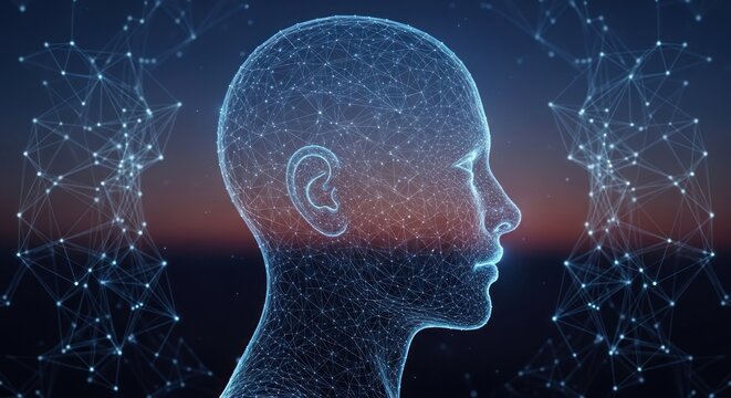 Digital Human Head Silhouette with Neural Network Connections.