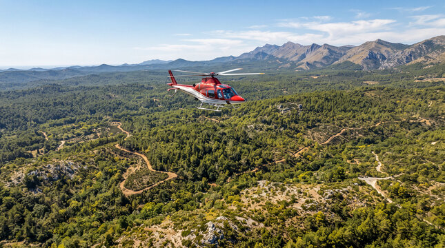 Helic&oacute;ptero sobrevolando un bosque mediterr&aacute;neo para vigilar y prevenir incendios forestales, mostrando gesti&oacute;n y protecci&oacute;n del territorio.