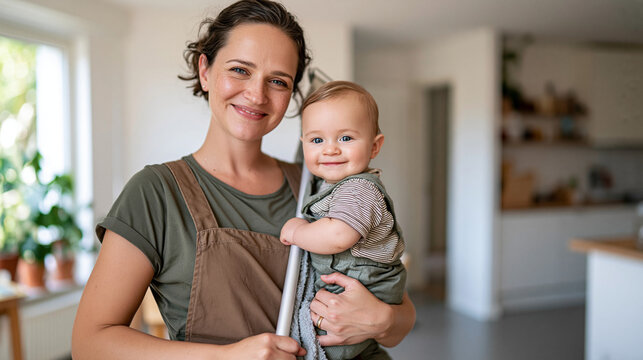 A dark-haired European mother in a brown apron mops a bright apartment floor while safely holding her baby on one hip, clean open-plan interior and practical multitasking moment shown with