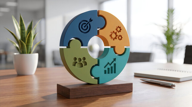 Circular puzzle diagram for holistic business cycle strategy and corporate management