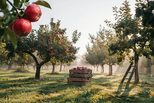 A wooden crate filled with fresh red apples sitting in a misty orchard with rows of fruit trees and a wooden ladder leaning against a tree