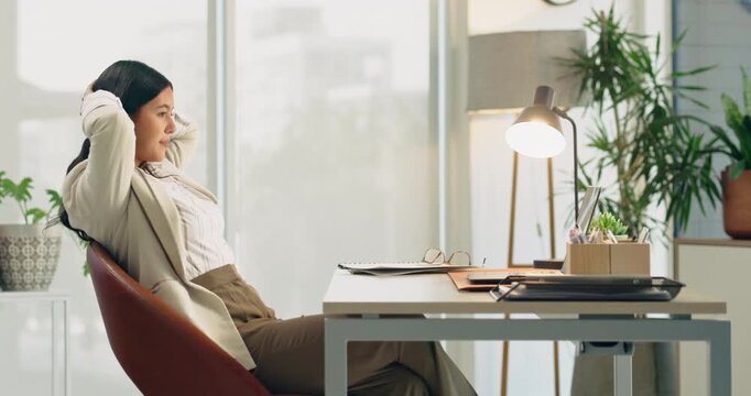 Woman, break or stretching in office with laptop, thinking or typing report for financial accounting. Auditor, person and relax in business with computer, reflection and review finance for company