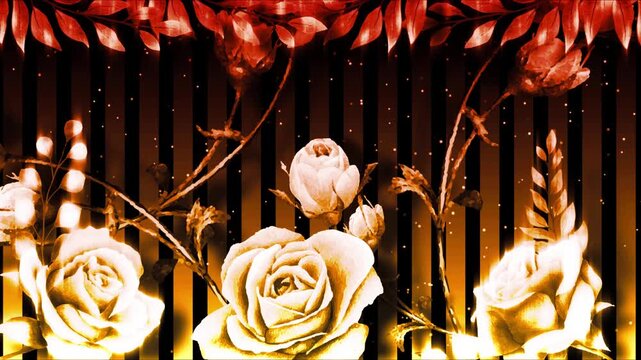 Glowing white roses with golden foliage create an elegant floral scene.