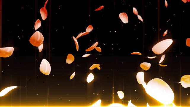Floating white and golden petals drift through a glowing luxury backdrop.