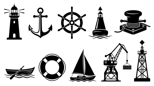 Nautical and maritime vector icon set with lighthouse anchor ship wheel buoy mooring bollard rowboat lifebuoy sailboat port crane and beacon tower black silhouette illustration