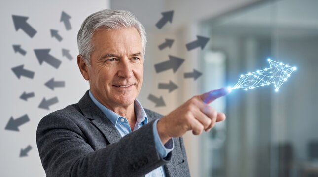 Middle aged man manager pointing at digital growth arrow. Virtual hologram interface for business strategy and corporate planning. Innovative digital transformation technology concept.