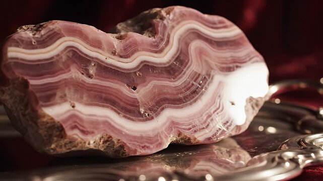 Exquisite banded agate geode fragment with milky quartz crystal cavity, artfully displayed on ornate silver tray