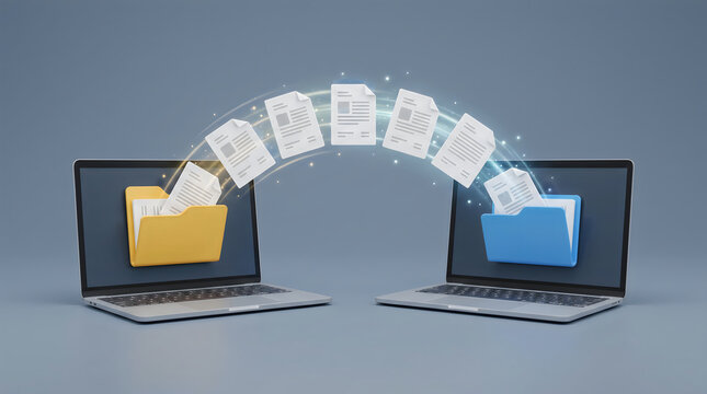Data migration file transfer concept showing documents moving between laptop computers
