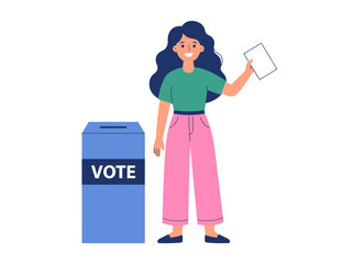 Smiling Young Woman Voting with Ballot Paper and Box Illustration