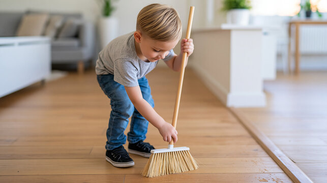 A focused European boy sweeps dust from the baseboard along a bright living room wall, using a small broom beside clean modern furniture and open floor space, boy cleaning, baseboard dust,