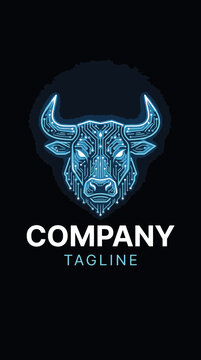 Blue neon circuit bull head technology logo