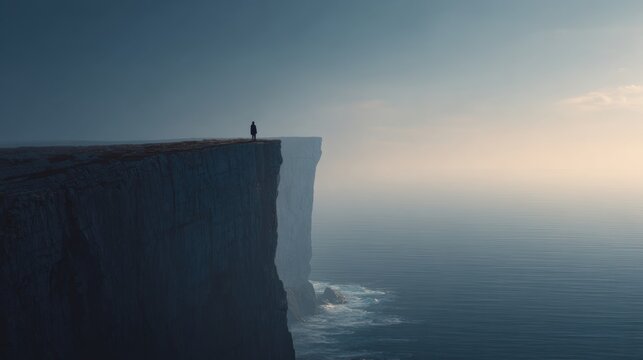 A lone silhouette stands on the edge of a vast seaside cliff overlooking the deep blue ocean during a serene and atmospheric morning sunrise