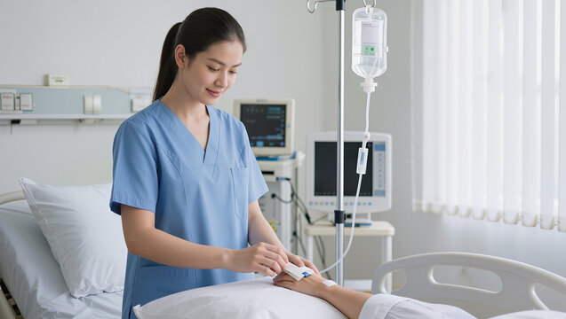 Nurse administering IV drip to patient in hospital room, medical care concept.