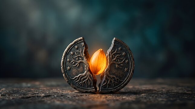 A single coin splitting open to reveal a glowing seed inside