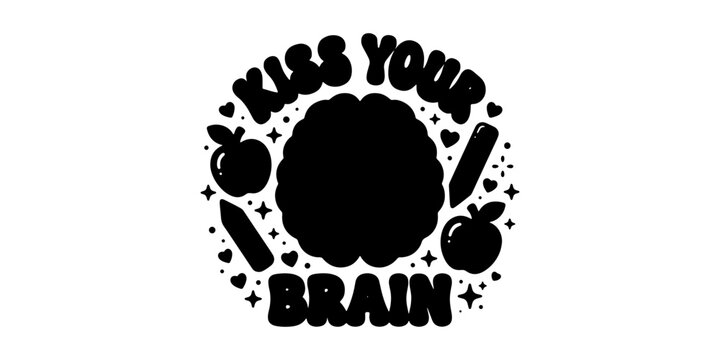 Black brain silhouette with apples and pencils education