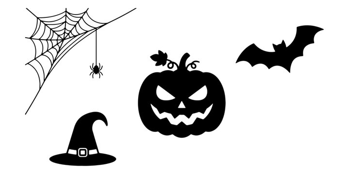 Black cat, bat, crescent moon, spider, skull halloween silhouettes