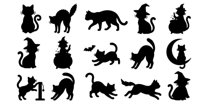 Black cat silhouettes in various poses, halloween theme animal