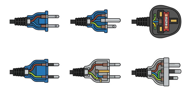 A collection of various electrical plug types showing internal wiring connections and fuse layouts for different international power socket standards isolated