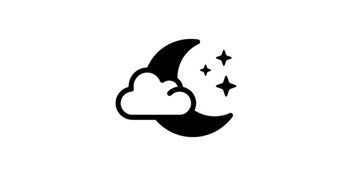 Black crescent moon silhouette with five stars on white background, night