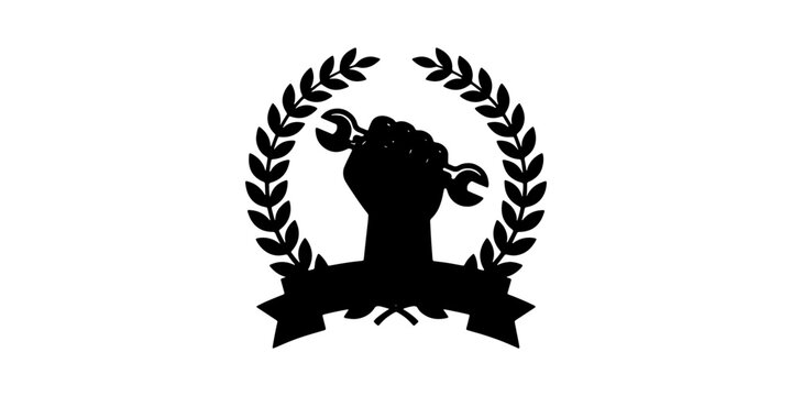 Black fist inside yellow wrench laurel wreath silhouette