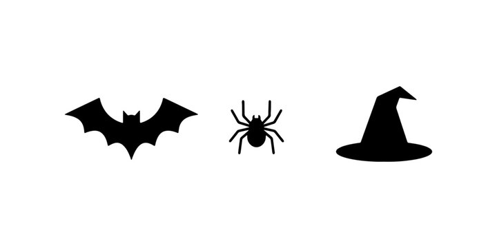 Halloween silhouettes, bat, spider, crescent moon on white