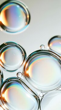 Bubbles are seen in water changing colors, reflecting light in a playful way. This captures the movement and patterns of the bubbles.