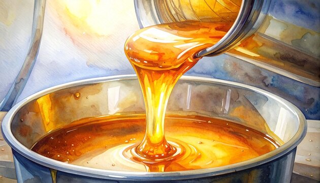 Golden honey pouring from a metal ladle into a bowl.