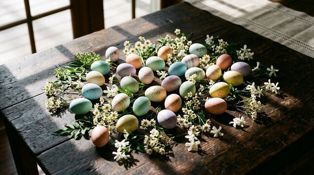 Colorful Pastel Easter Eggs on Rustic Table with Greenery and Flowers