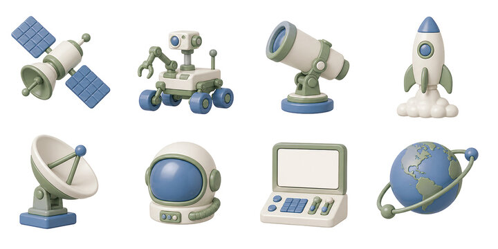 Space exploration icons, satellite, rover, robot, telescope, rocket, astronaut helmet, and planet 3D set.