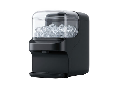 A black countertop ice maker machine with a clear plastic container filled with many small, square, frozen ice cubes on a white background isolated on a transparent background